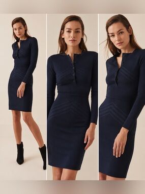 Reiss XS Dark Navy Knit Regan Bodycon Long Sleeve Button Front Midi Dress